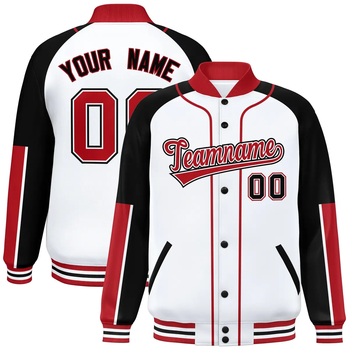 White Black-Red Raglan Sleeves Full-Snap Letterman Baseball Jacket