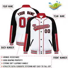 White Black-Red Raglan Sleeves Full-Snap Letterman Baseball Jacket 2