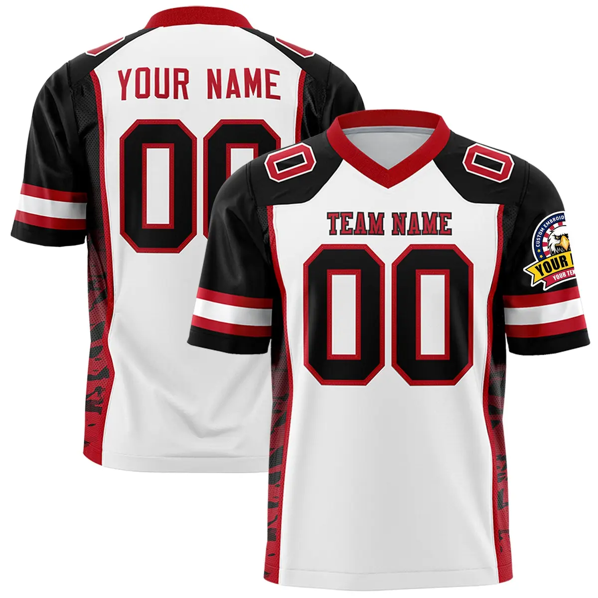 White Black-Red Raglan Sleeves Side Pattern Football Jersey