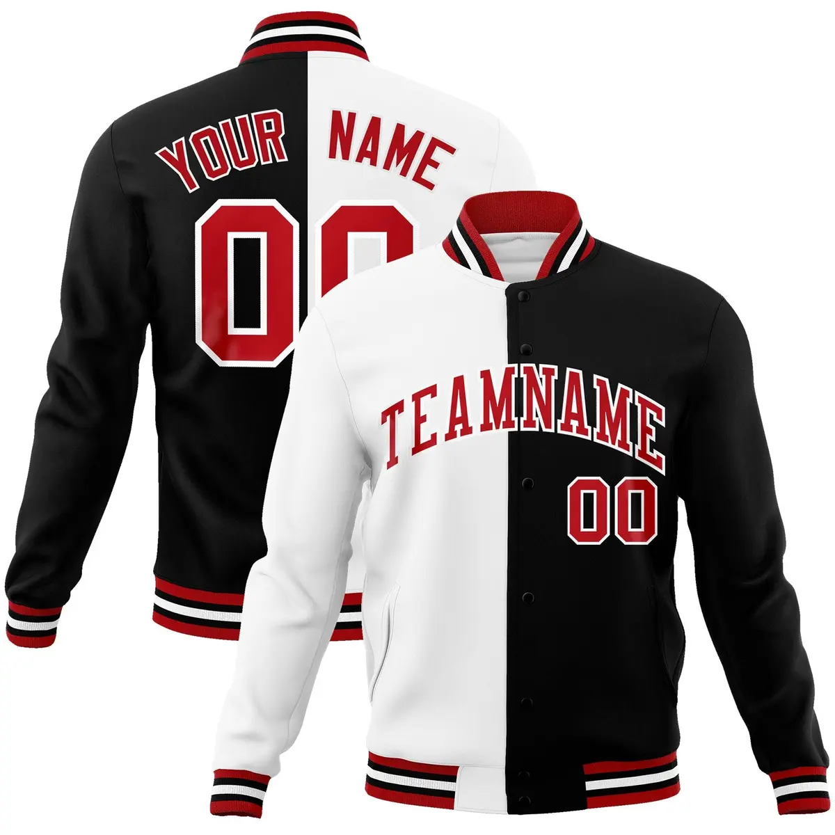 White Black Red Split Varsity Full-Snap Letterman Jacket
