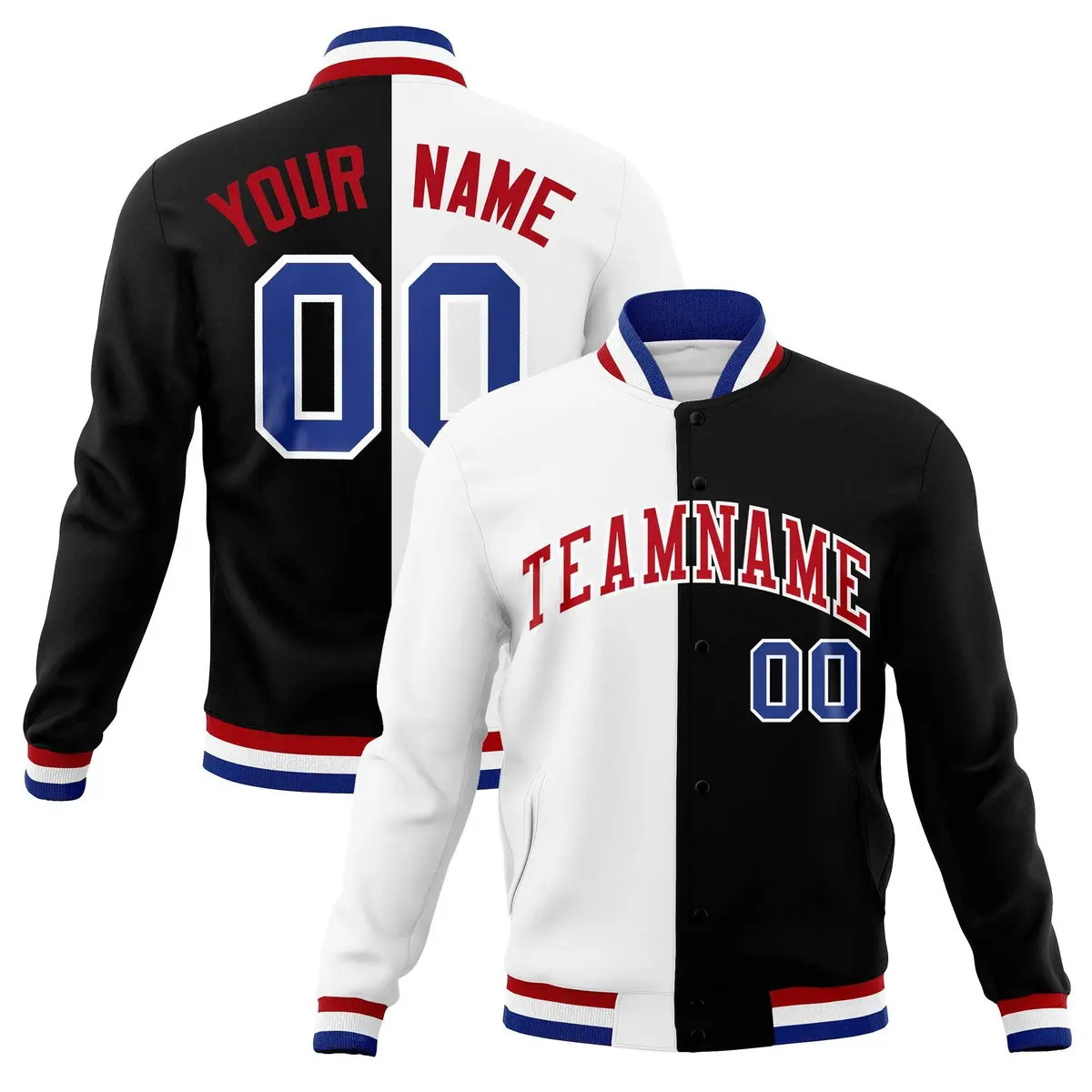 White Black Red Split Varsity Full-Snap Letterman Jacket