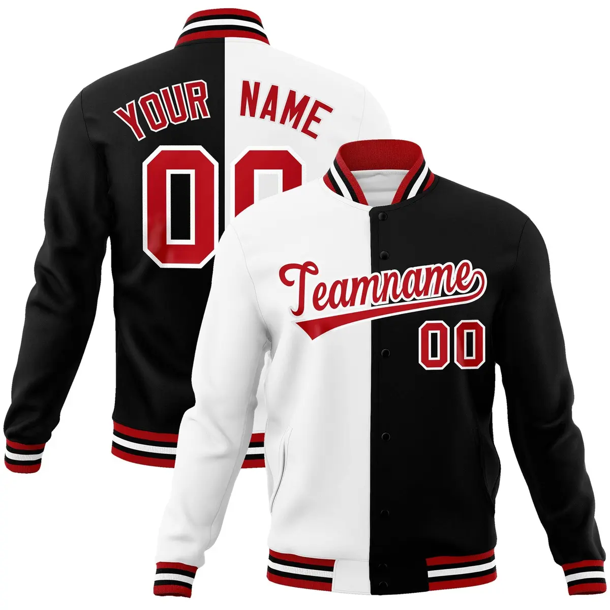 White Black Red Split Varsity Full-Snap Letterman Jacket