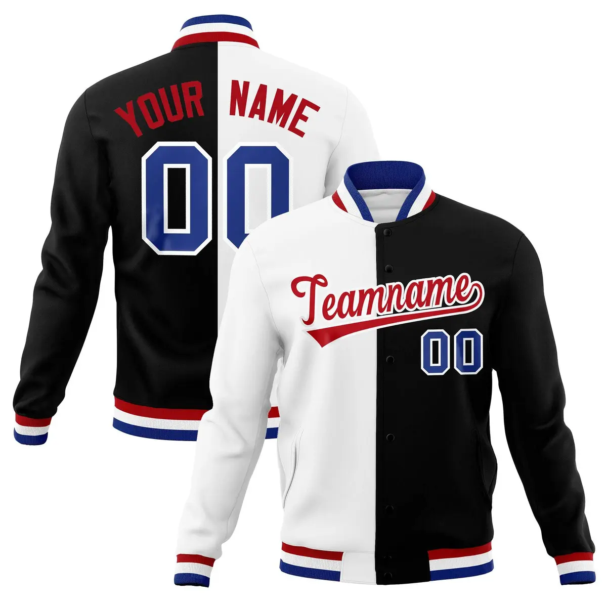 White Black Red Split Varsity Full-Snap Letterman Jacket