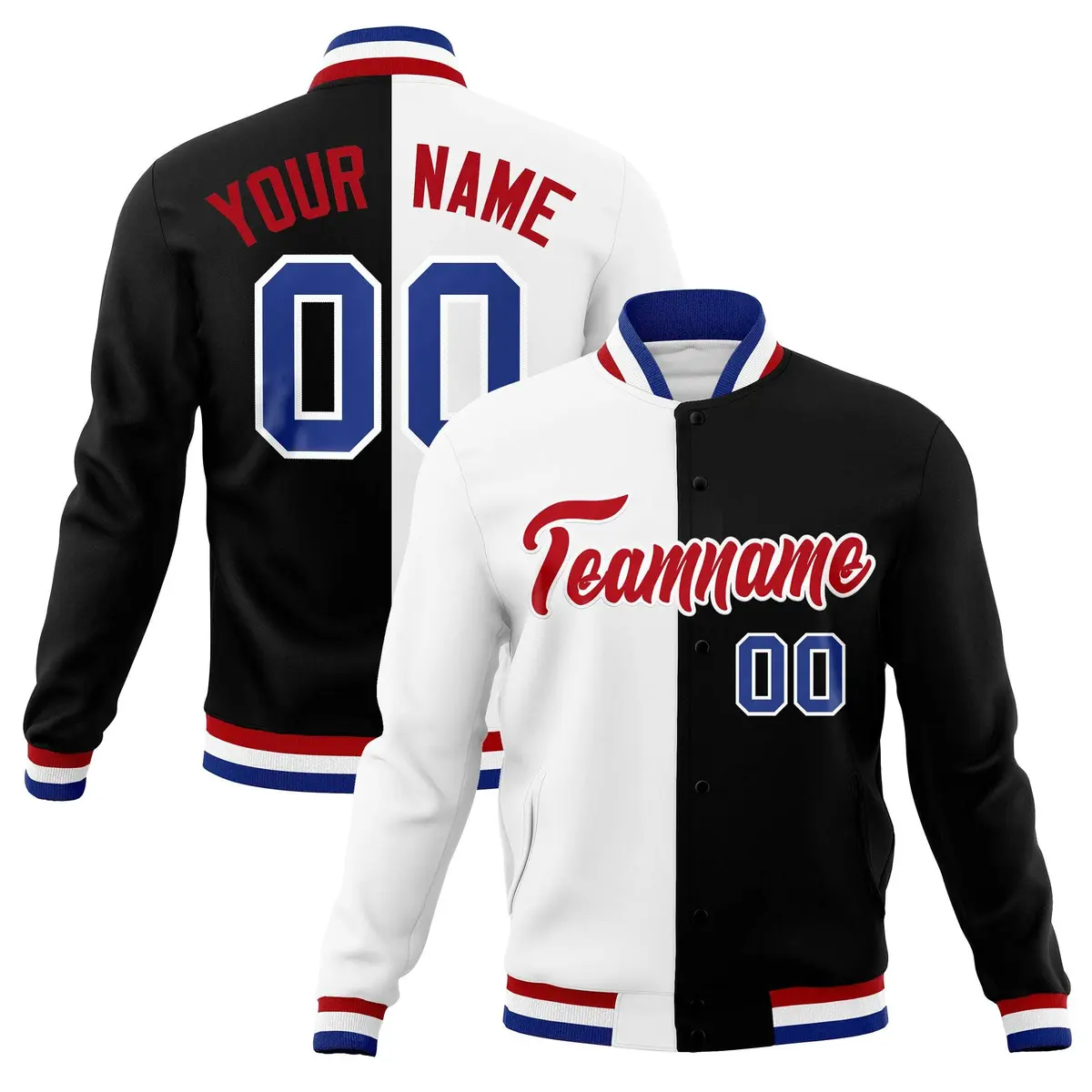 White Black Red Split Varsity Full-Snap Letterman Jacket