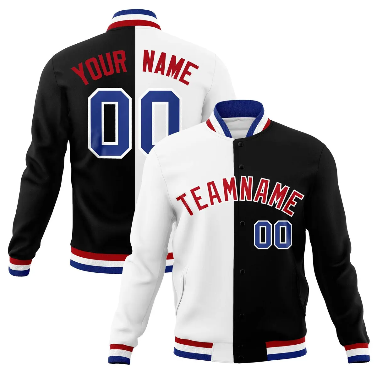 White Black Red Split Varsity Full-Snap Letterman Jacket