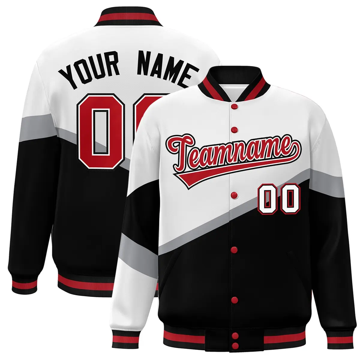White Black Red-White Color Block Varsity Baseball Bomber Jacket