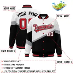White Black Red-White Color Block Varsity Baseball Bomber Jacket 2