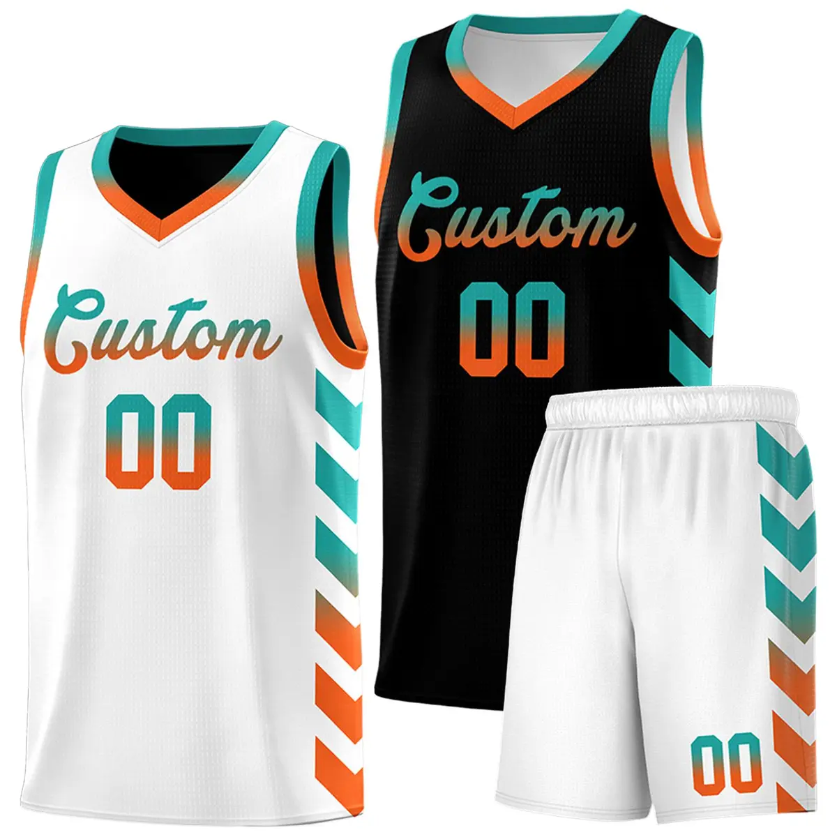 White Black Reversible Basketball Kits - Side Arrow Aqua Orange Gradient