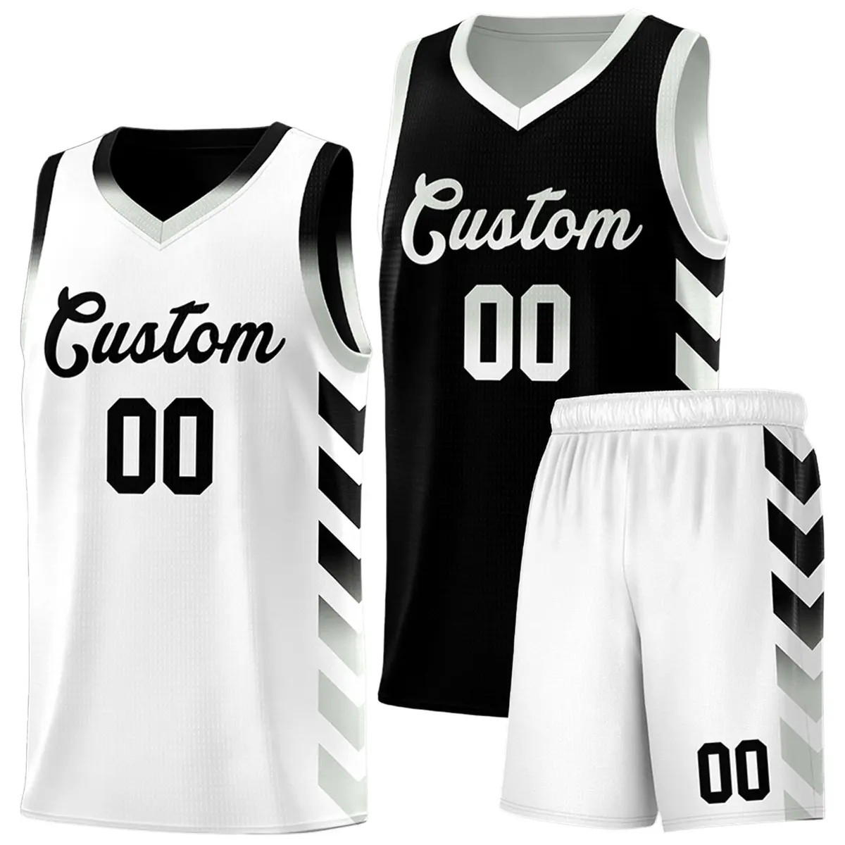 White Black Reversible Basketball Kits - Side Arrow Black Gray Gradient