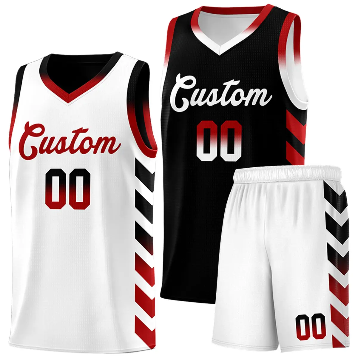 White Black Reversible Basketball Kits - Side Arrow Black Red Gradient