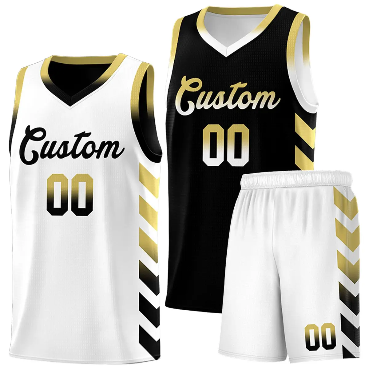 White Black Reversible Basketball Kits - Side Arrow Old Gold Black Gradient