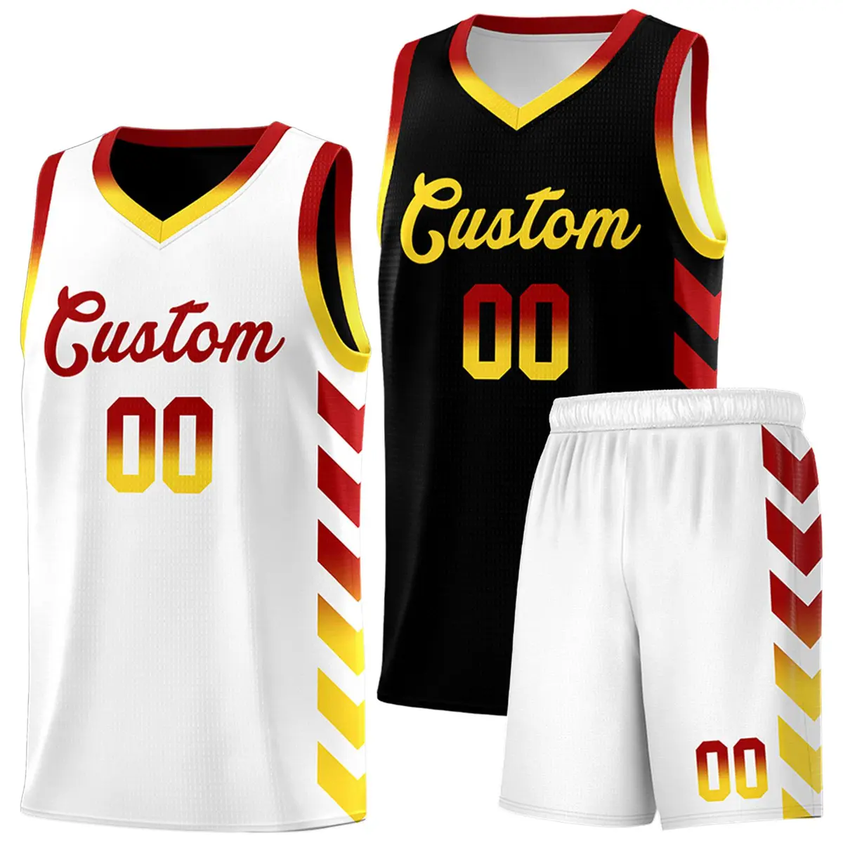 White Black Reversible Basketball Kits - Side Arrow Red Gold Gradient