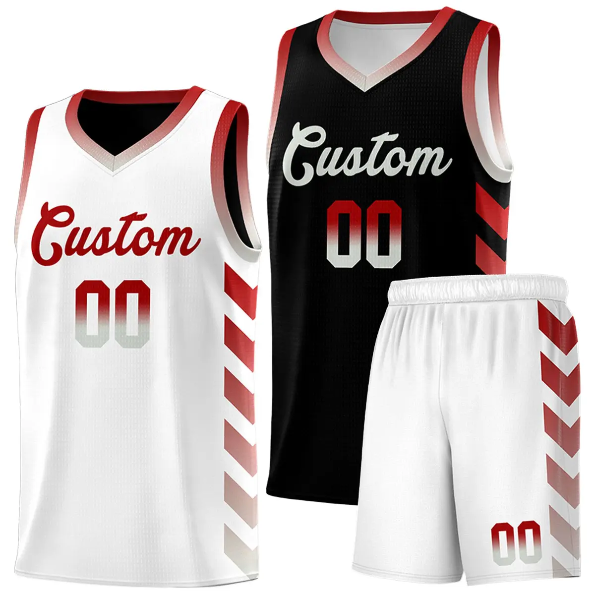 White Black Reversible Basketball Kits - Side Arrow Red Gray Gradient