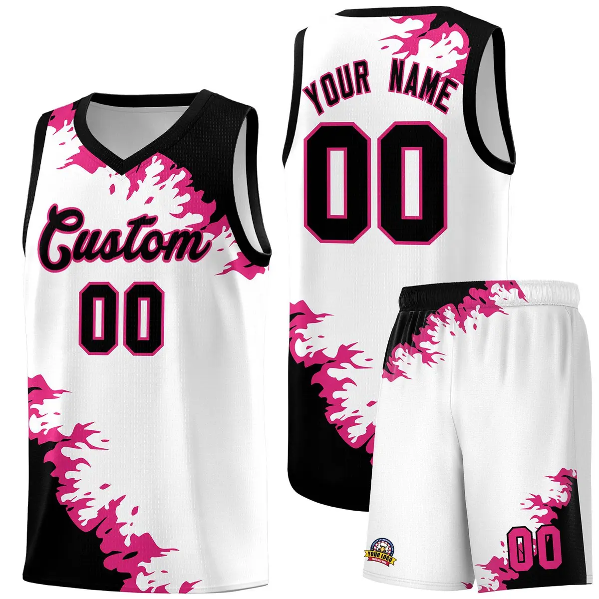 White Black-Rose Red Sparkle Print Basketball Kits