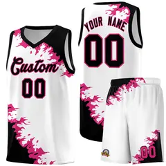 White Black-Rose Red Sparkle Print Basketball Kits 1