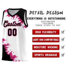 White Black-Rose Red Sparkle Print Basketball Kits 2