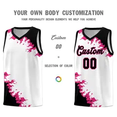 White Black-Rose Red Sparkle Print Basketball Kits 3