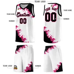 White Black-Rose Red Sparkle Print Basketball Kits 5