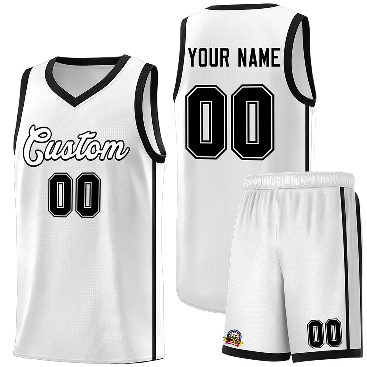 White Black Side Two Bars Basketball Jersey