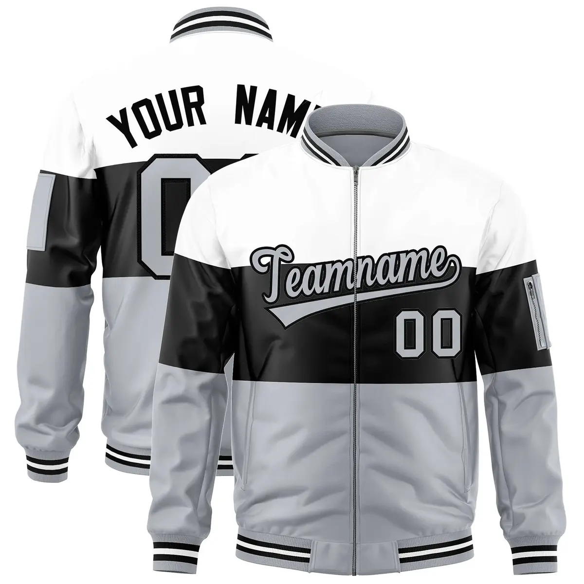 White Black-Silver Varsity Color Block Full-Zip Letterman Bomber Jacket