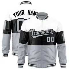 White Black-Silver Varsity Color Block Full-Zip Letterman Bomber Jacket