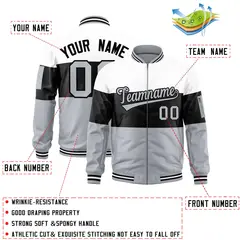 White Black-Silver Varsity Color Block Full-Zip Letterman Bomber Jacket 2