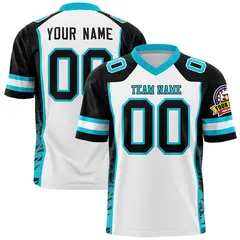 White Black-Sky Blue Raglan Side Pattern Football Jersey 1