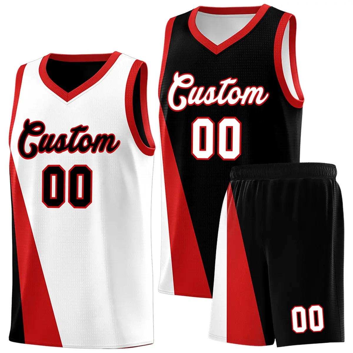 White Black Slanting Two Lines Color Block Basketball Jersey