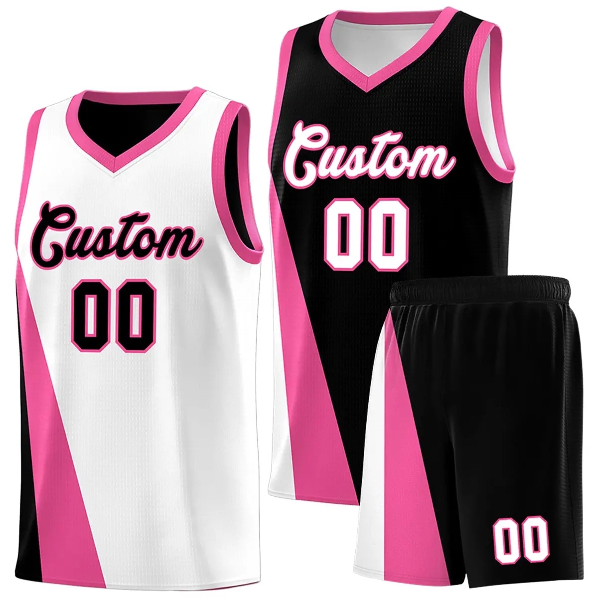 White Black Slanting Two Lines Color Block Basketball Jersey