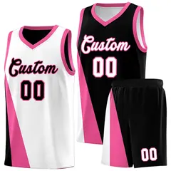 White Black Slanting Two Lines Color Block Basketball Jersey