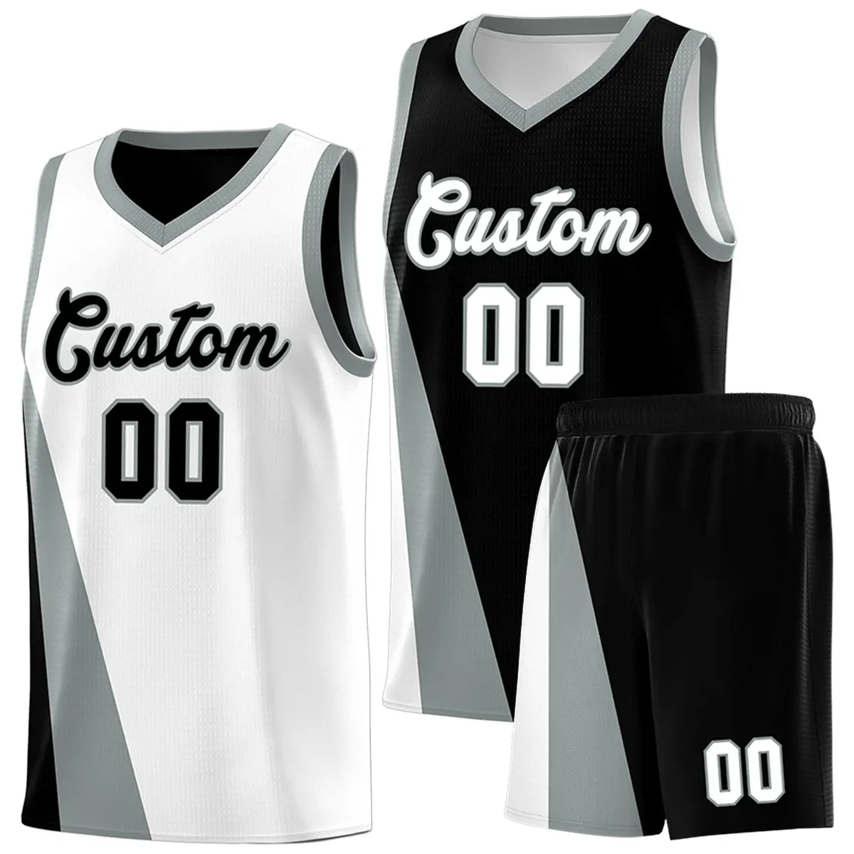 White Black Slanting Two Lines Color Block Basketball Jersey