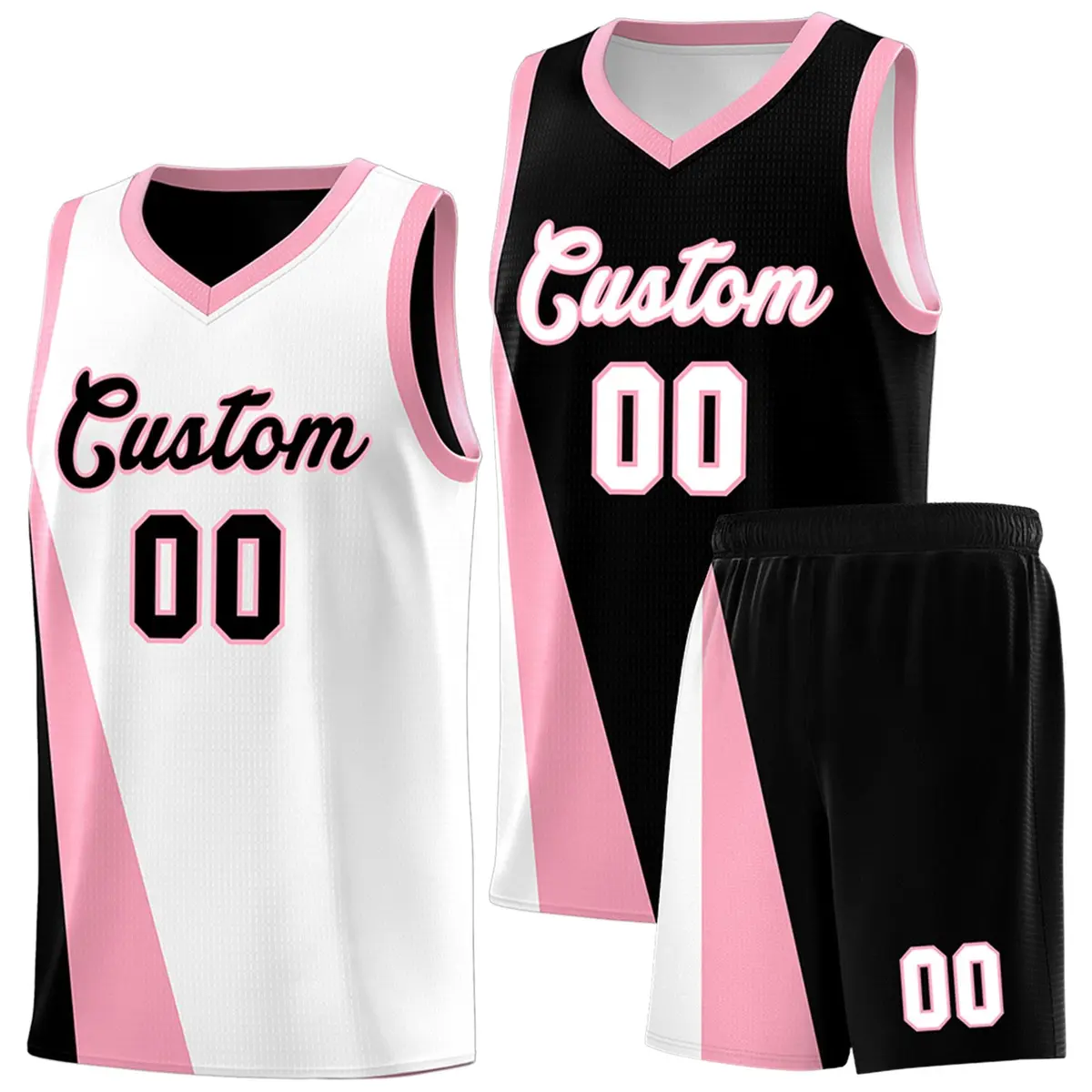 White Black Slanting Two Lines Color Block Basketball Jersey