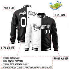 White Black Split Two Tone Full-Zip Varsity Letterman Bomber Jacket 2
