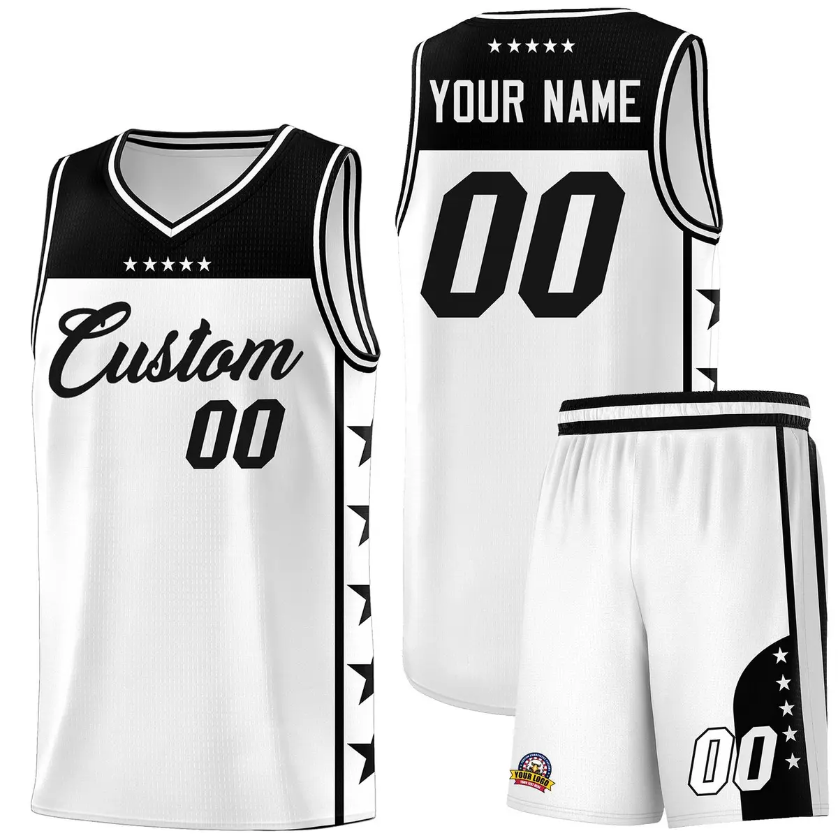 White Black Star Pattern Team Basketball Jersey