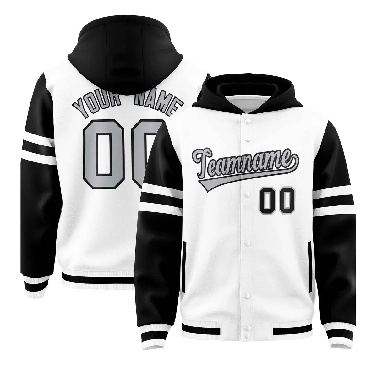 White Black Three Stripes Raglan Varsity Letterman Jacket Hoodie