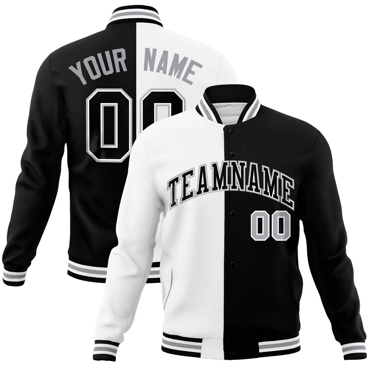 White Black Two Tone Split Full-Snap Varsity Letterman Jacket