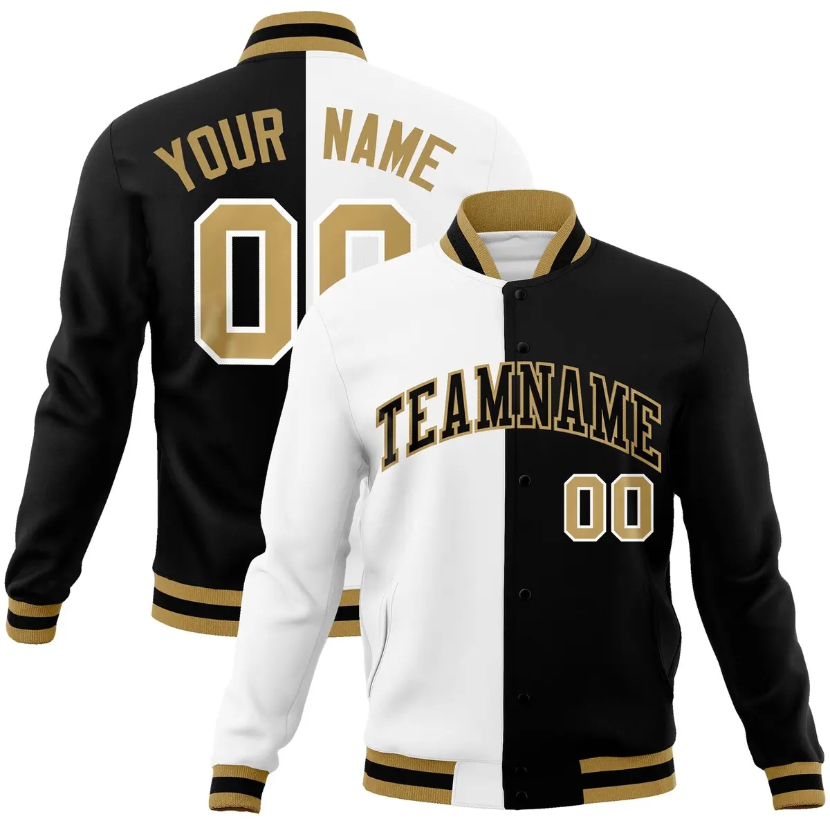 White Black Two Tone Split Full-Snap Varsity Letterman Jacket