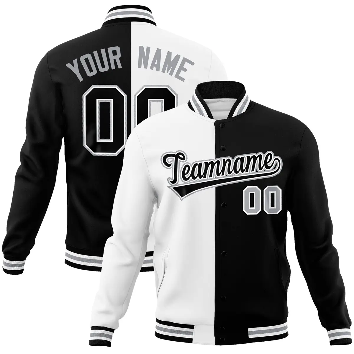 White Black Two Tone Split Full-Snap Varsity Letterman Jacket