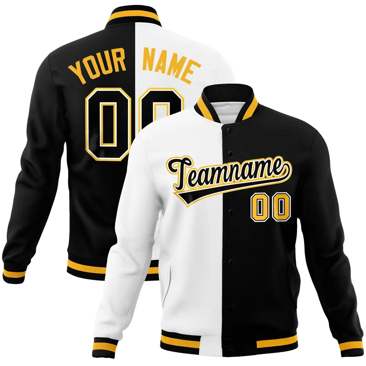 White Black Two Tone Split Full-Snap Varsity Letterman Jacket