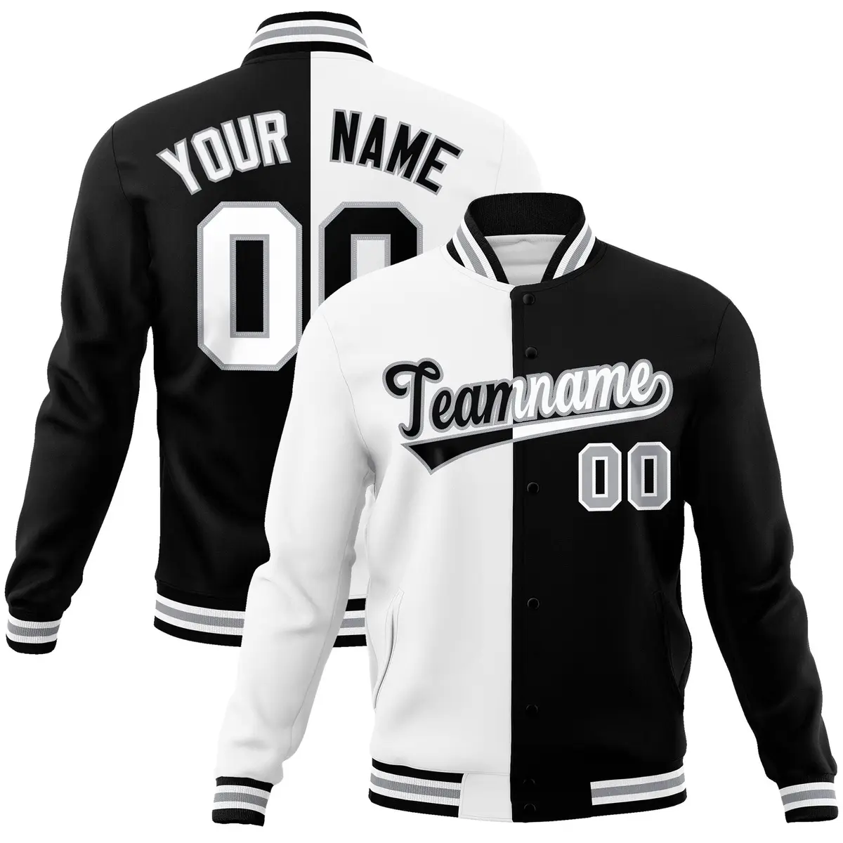 White Black Two Tone Split Full-Snap Varsity Letterman Jacket