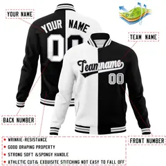 White Black Two Tone Split Full-Snap Varsity Letterman Jacket 4