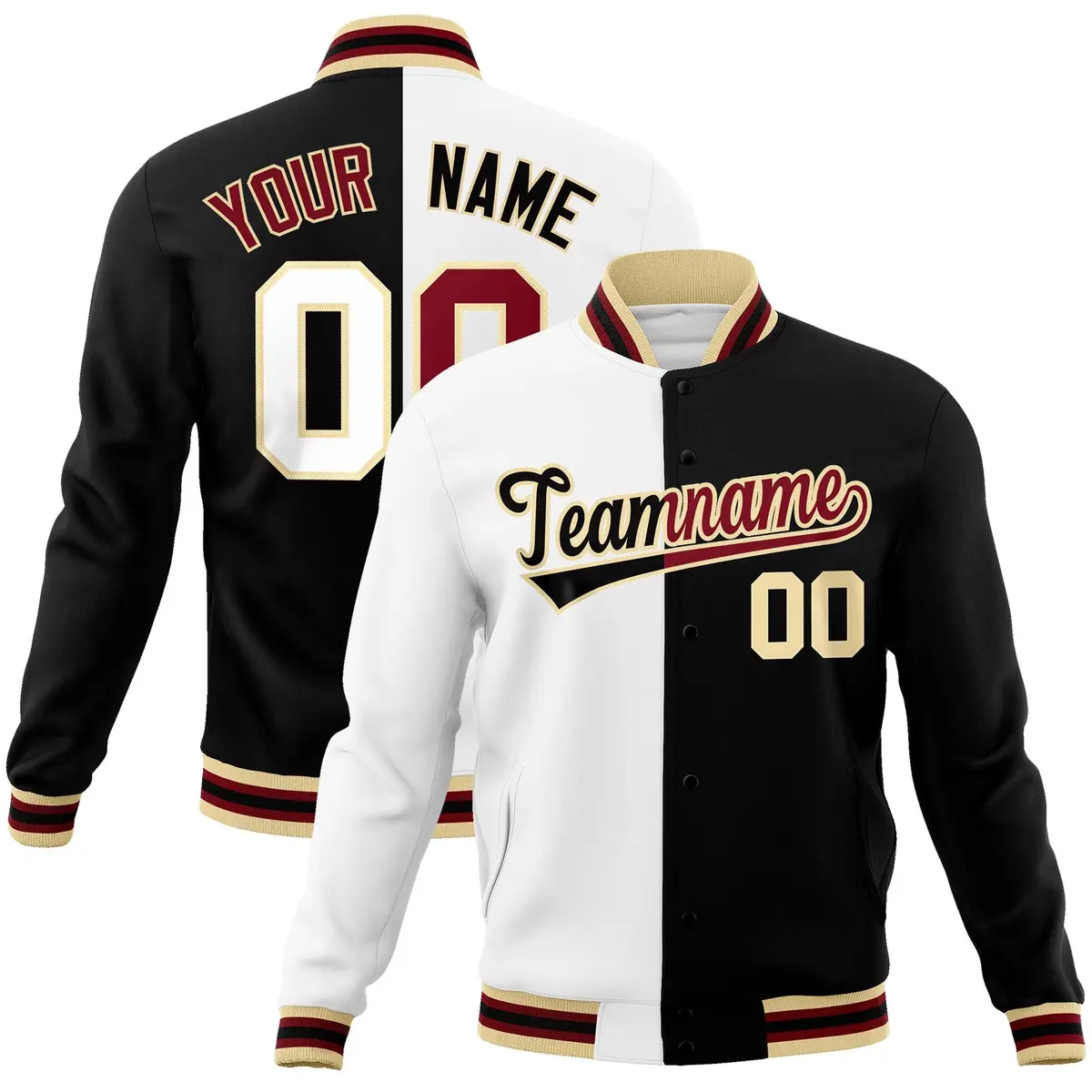 White Black Two Tone Split Full-Snap Varsity Letterman Jacket