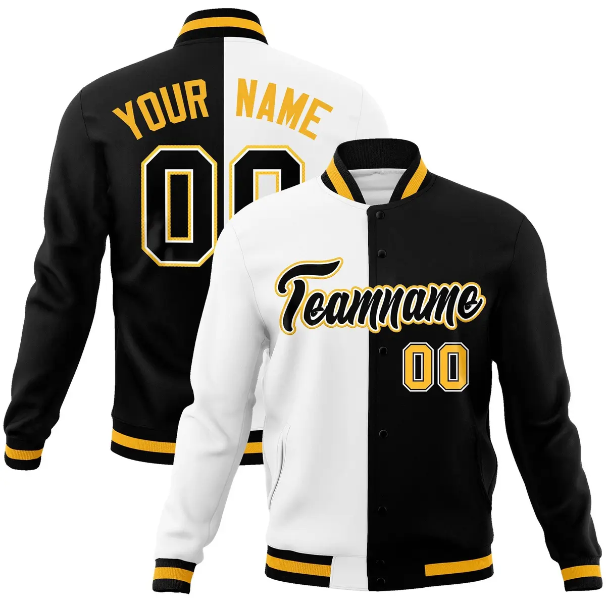 White Black Two Tone Split Full-Snap Varsity Letterman Jacket