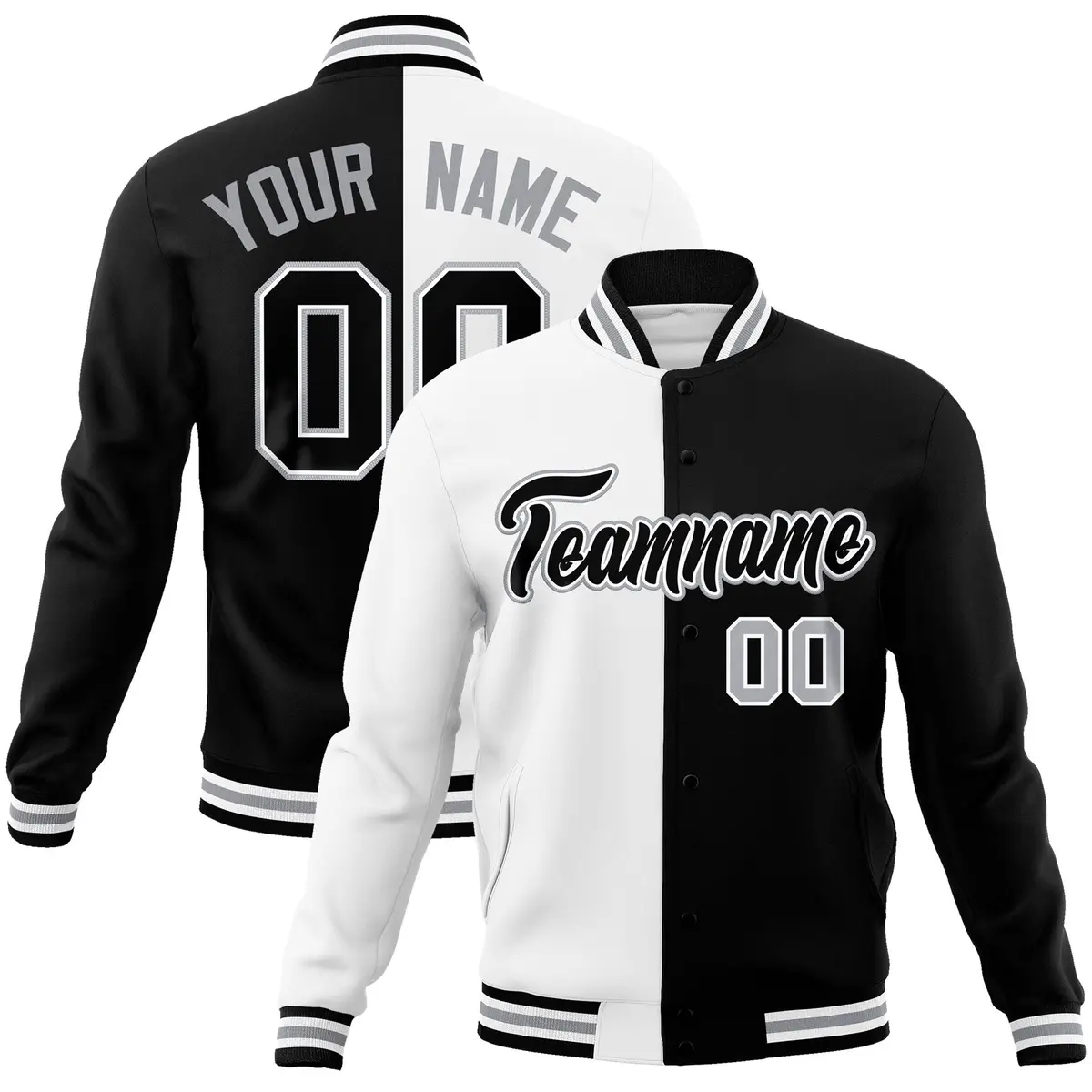 White Black Two Tone Split Full-Snap Varsity Letterman Jacket