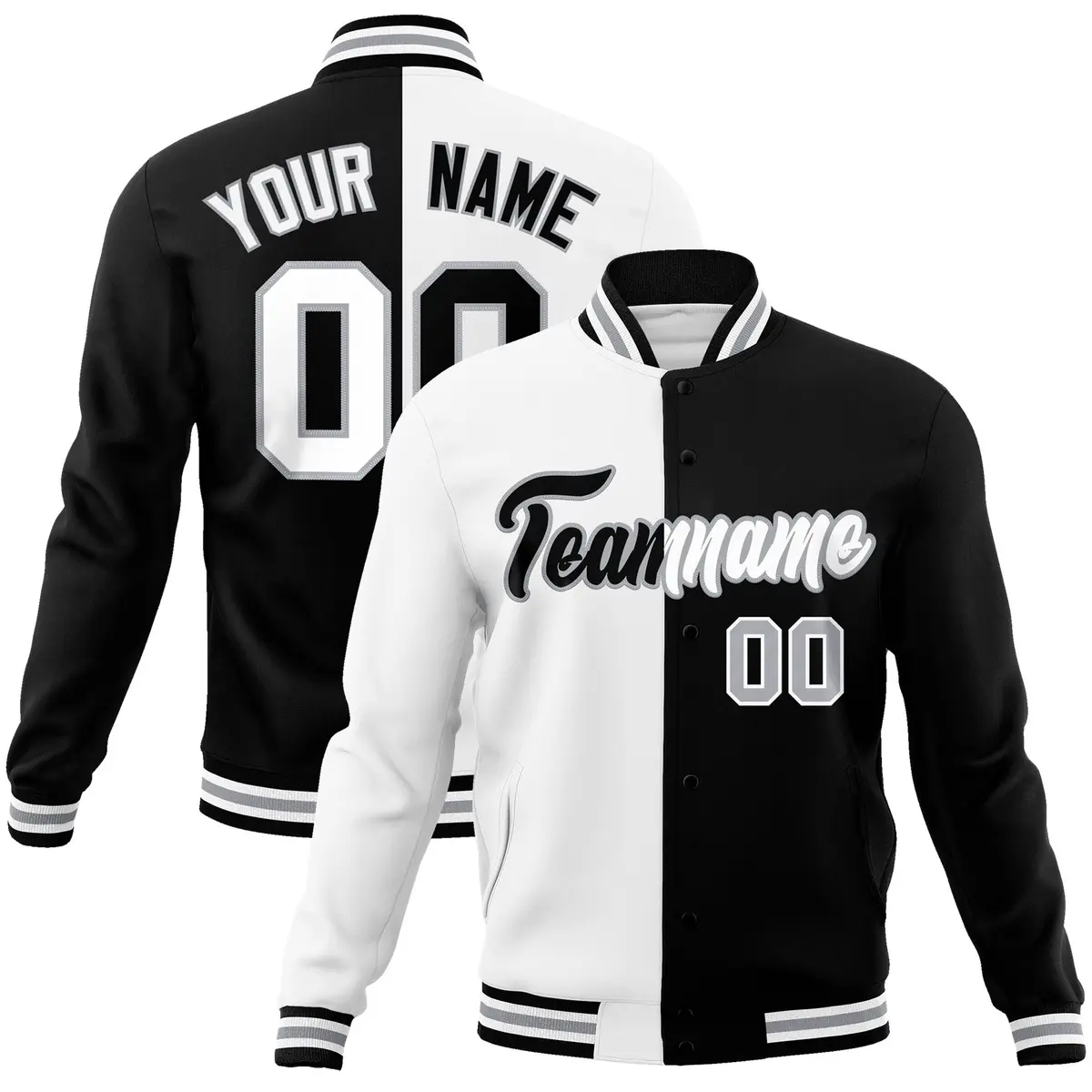 White Black Two Tone Split Full-Snap Varsity Letterman Jacket