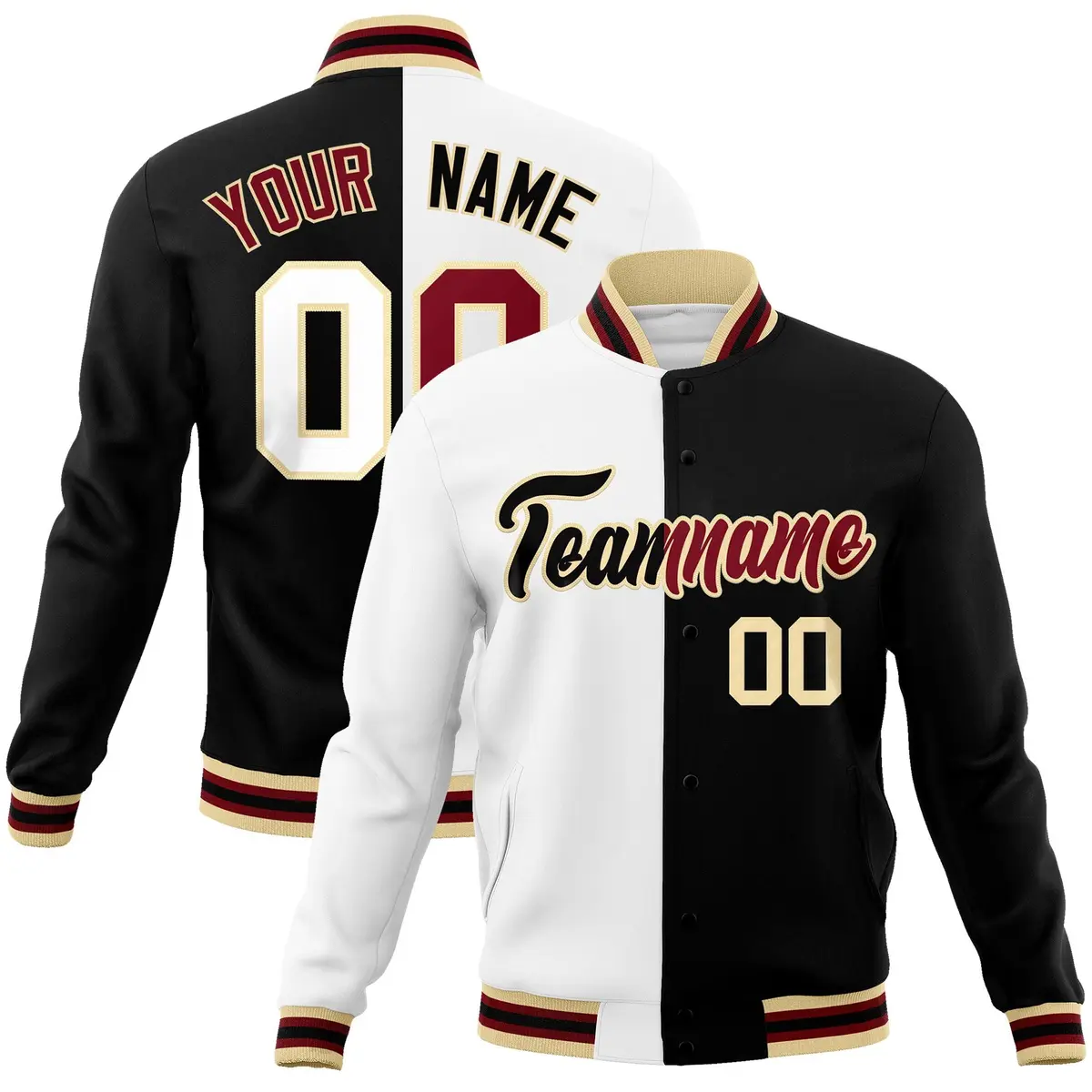 White Black Two Tone Split Full-Snap Varsity Letterman Jacket
