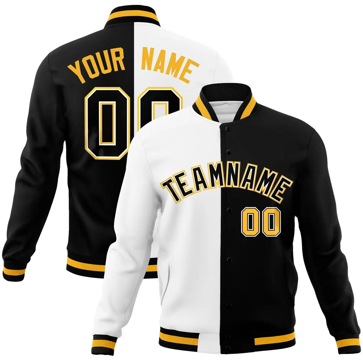 White Black Two Tone Split Full-Snap Varsity Letterman Jacket