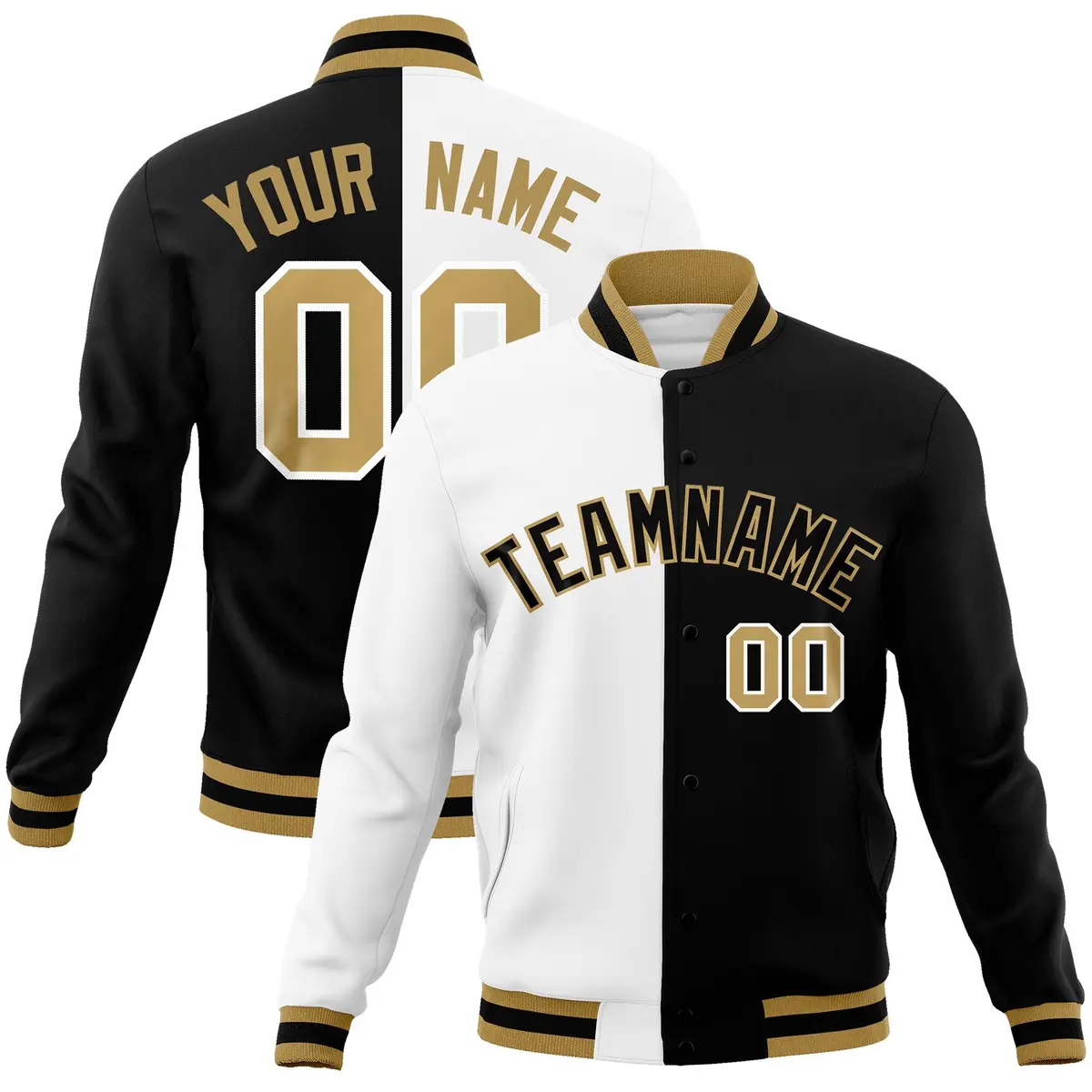 White Black Two Tone Split Full-Snap Varsity Letterman Jacket