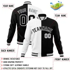White Black Two Tone Split Full-Snap Varsity Letterman Jacket 4