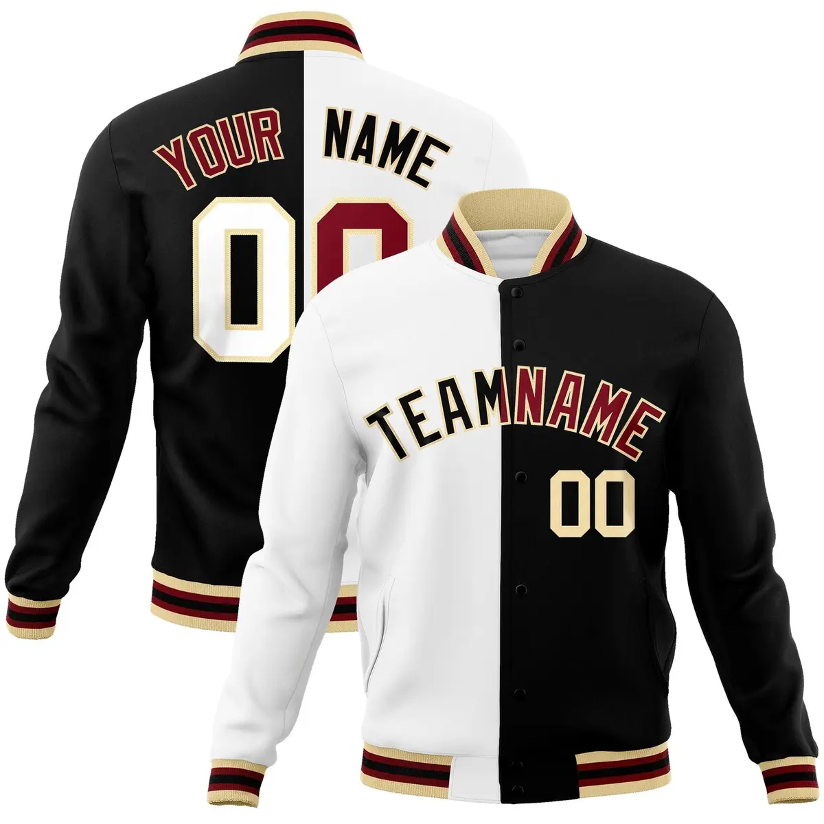 White Black Two Tone Split Full-Snap Varsity Letterman Jacket